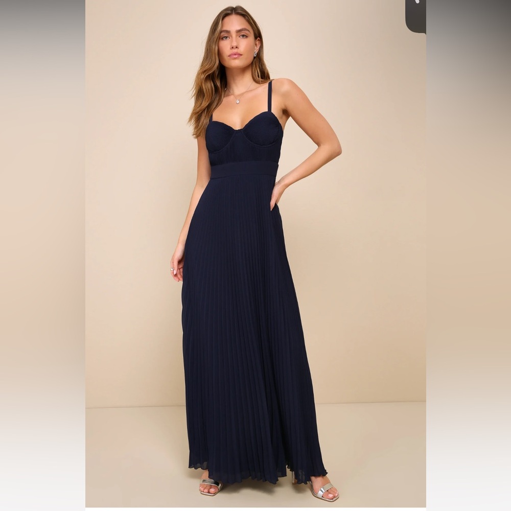 Certainly Lovely Navy Blue Pleated Bustier Maxi Dress Size Medium